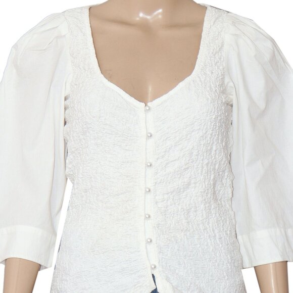 By Anthropologie Smocked Cardigan Top Ivory Buttondown Blouse L - Picture 7 of 8